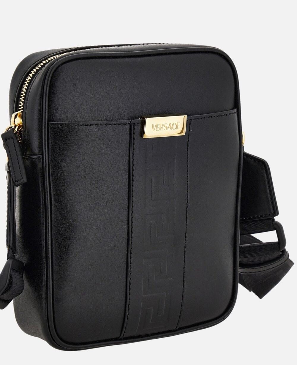 Versace Greek Key Avenue Black Vertical Crossbody Leather Bag 1020736 NWT $1350